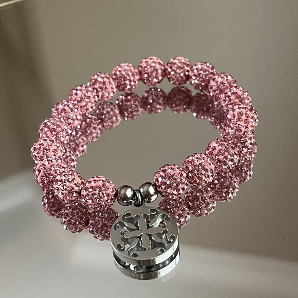 Rustic Cuff Metal Stainless Steel Shambala Beaded Stretch Bracelet pink